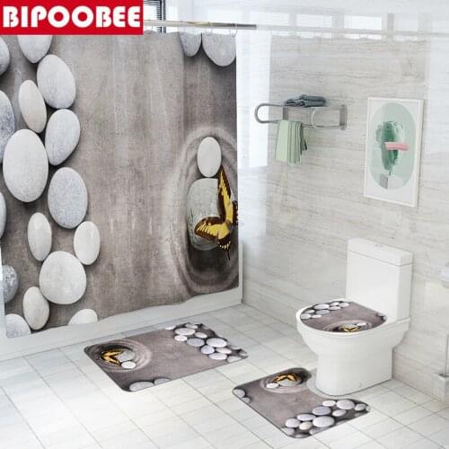 White Pebbles Yellow Butterfly Shower Curtains Bathroom Curtain Zen Stone Non-slip Carpet Toilet Lid Cover Bath Mats Rugs