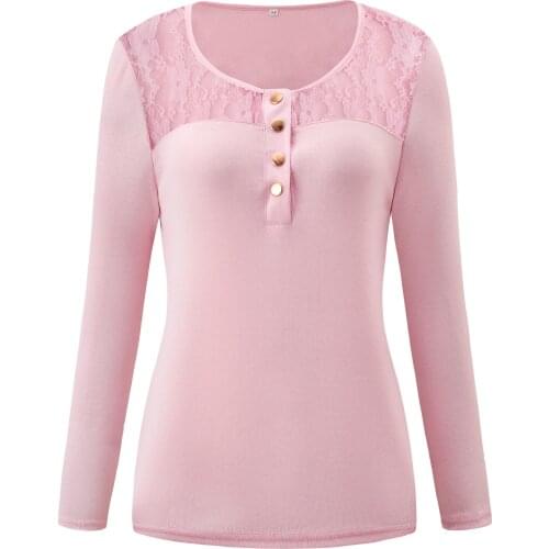 Womens Top Spring Autumn Solid Color Patchwork Lace T-Shirts Button V-Neck Long Sleeve T Shirt Womens Clothing 2021 Slim Tops