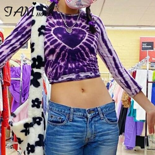 Graphics Heart Tie Dye Print Womens Crop Top Tee 2021 Casual Harajuku y2k Aesthetic Fashion Long Sleeve Streetwear 90s Iamhotty