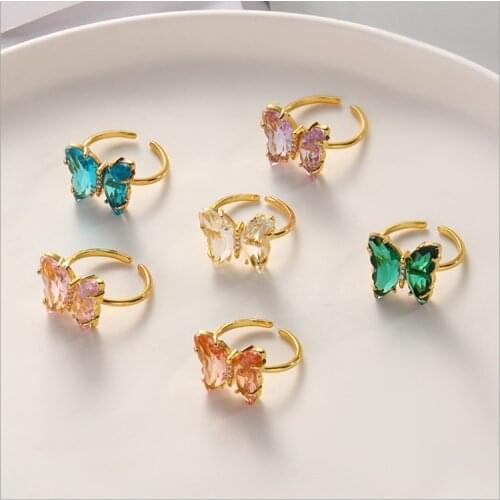 Sweet and creative white inlaid rhinestone ladies exquisite butterfly open ring multi-color optional Valentines day gift