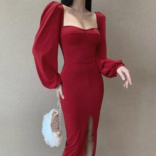 Retro Palace Style Puff Sleeve Square Collar Midi Dress Women Fall Winter Dress Sexy Dress Hem Slit Backless Evening Party Dress