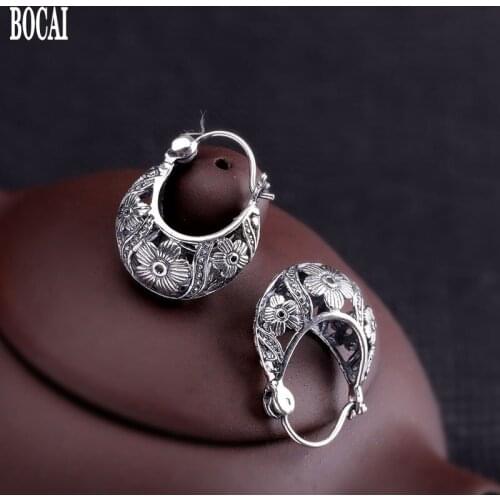 100% S925 silver jewelry Thai silver handmade earrings for women 925 silver engraved carved vintage ear clips womens earrings