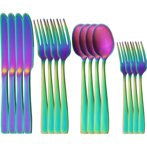 16pcs Matte Rainbow Tableware Stainless Steel Cutlery Set Kitchen Dinner Knives Dessert Forks Spoons Set Flatware Dinnerware Set