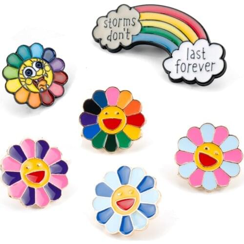 Rainbow Sun Flower Brooch Enamel pin Smiling Flower Badges Brooches Men Women Kids Backpack Clothes pins