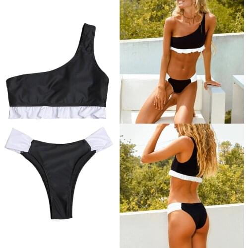 Color Block One Shoulder Ruffle Swimwear Women 2Pcs Sexy Beach Bathing Suits Padded Bikini Tops Swimming Bottoms Swimsuit