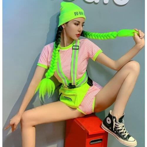 Jazz Costume Sexy Bar Dj Ds Dance Team Nightclub Modern Dancer Clothing Fluorescent Color Striped Suit Rave Stage Wear DT2971