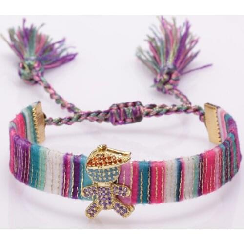 Ethnic boho mix cz Little boy little girl charm soft cotton silk tassel tail wristband adjustable charm couple bracelet