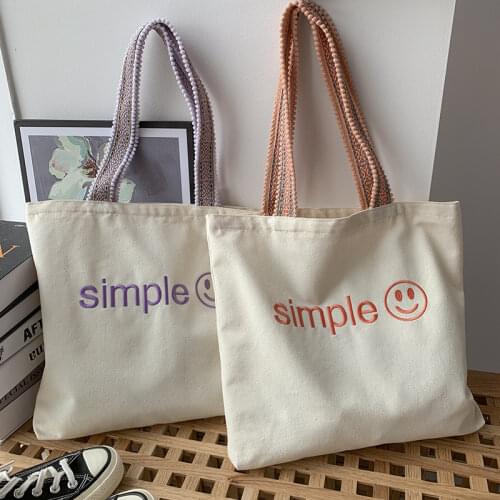 Smiley Embroidered Canvas Bag for Women Large Capacity Ladies Shopping Bags Retro Simple Student Girls Daily Class Tote Handbags