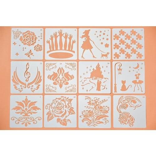 Square hollowed Flowers template spray plate DIY album hand account drawing ruler stencils for painting and decor 13X13CM