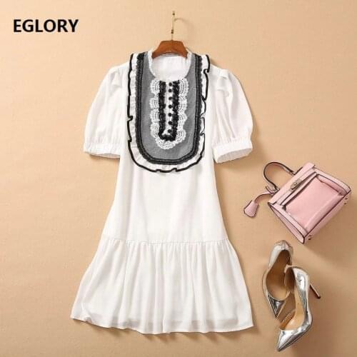 Sweet Cute Dress 2021 Spring Summer Style Women O-Neck Ruffle Lace Patchwork Half Sleeve Casual Party Club White Rose Red Dress