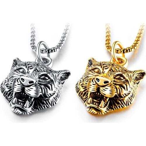 Stainless Steel Color European American Fashion Tiger Head MenS Necklace 55Cm Personalized Rock Style Animal Pendant Jewelry