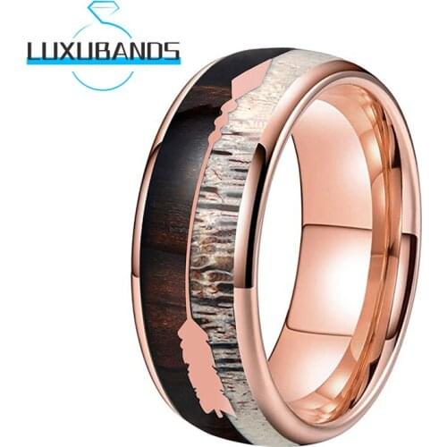8MM Tungsten Wedding Rings For Men Women Engagement Bands Rose Gold Zebra Wood Antler Arrows Inlay Polished Finished Comfort Fit