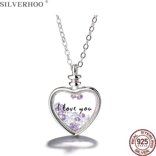 SILVERHOO 925 Sterling Silver Cute Heart Necklace For Women Colorful Cubic Zirconia Quicksand Pendant Necklaces Trendy Jewelry
