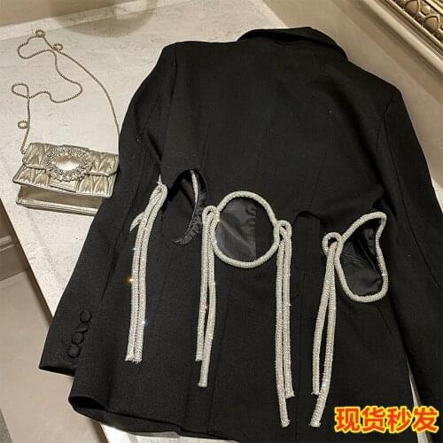 Womens suit fashion open-waist hollow jacket women autumn thin casual heavy industry rhinestone black suit