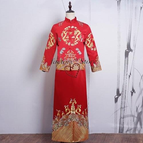 Cheongsam Dress Costume Men Bride and Groom Chinese Wedding Dress Jing Jiu Fu Long Feng Gua Show Kimono