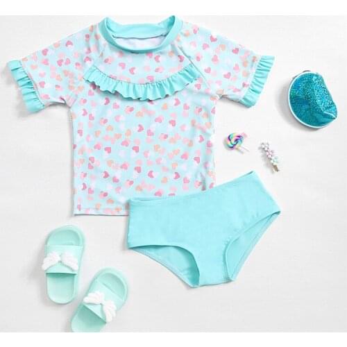 Pink/mint Lace Swimsuit for Toddler Girls Swimwear Cute Heart Printing Short Sleeve Kids Beach Playing Clothes Children Bathing