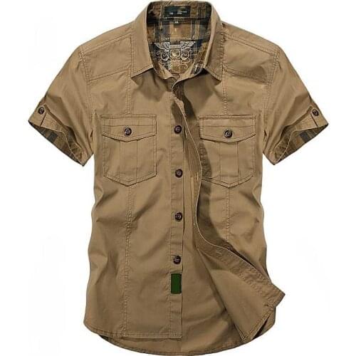 New Summer Military Army Shirt Short Sleeve Cargo Shirts Men Casual Cotton Solid Color Shirt 2 Pockets Front Men Clothing