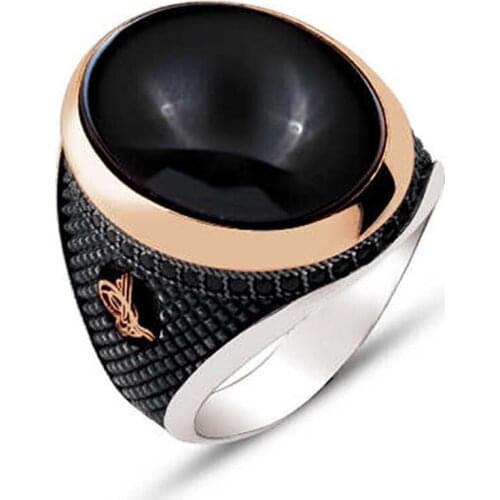 Silver Black Pvc Capsules Gemstone Ottoman Tuğralı Embroidered Men 'S Ring