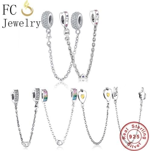 FC Jewelry Fit Original Brand Charm Bracelet 925 Sterling Silver Heart Crystal Safety Chain&Clip Beads DIY For Making Berloque