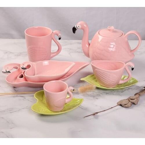Modern and Simple Flamingo Series Ceramic Cup Set European Household Flower Tea Coffee Cup Kettle Saucer Plate