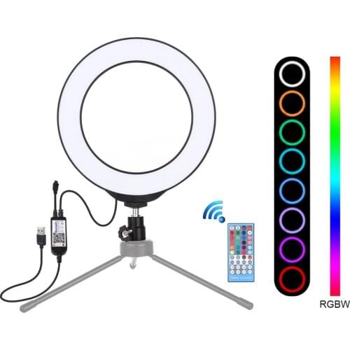 PULUZ 6.2 inch 16cm USB RGBW Dimmable LED Ring Vlogging Photography Video Lights with Cold Shoe Tripod Ball Head, Remote Control