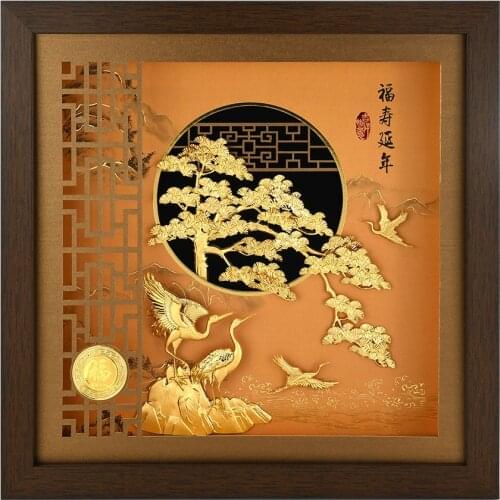 Traditional Chinese Painting With Framed Crane Pine Gold Foil Art Pictures Wall Picture for Living Room Birthday Gift for Elders