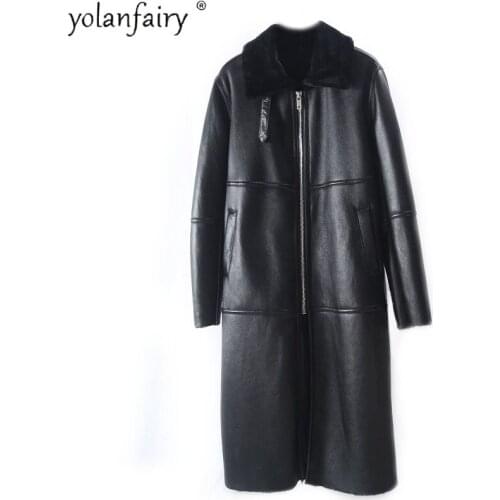 YOLANFAIRY Long Genuine Leather Jacket women Natural Sheep Shearling Womens Windbreaker 2020 Real fur Coat Women Clothes