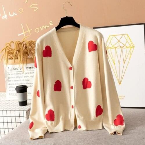 Love Heart V-neck Long Sleeve Cardigan Women Knitted Basic Oversize Sweater Autumn Winter Female Cardigan Ladies Jumper