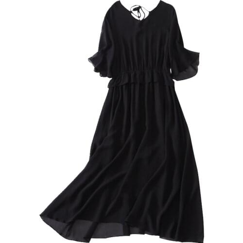 Women Summer Silk Dress V neck Black Natural silk dresses Solid Elegant Dress Casual holiday real silk long dress