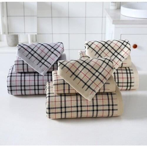 1Set Simple Lattice Soft Absorbent Thick Cotton Towel Bath Towel Set of Three