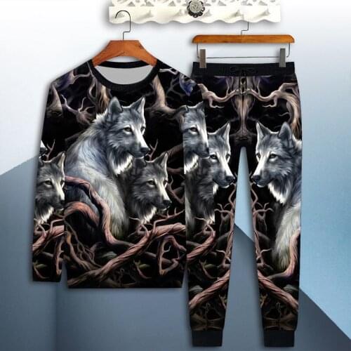 2020 trend printing mens long-sleeved T-shirt casual loose large size mens 3D wolf print T-shirt trousers mens suit
