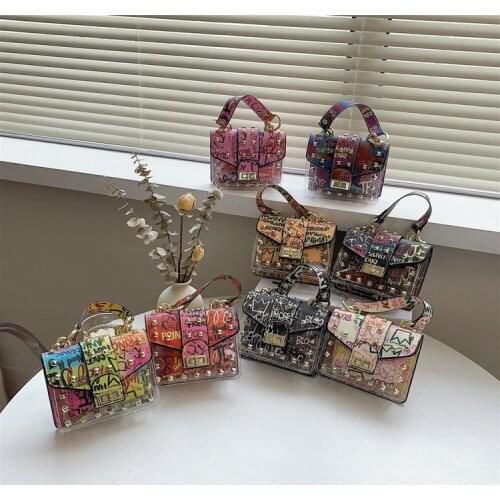 5.5 Inch Graffiti Rivet Tote Bag , Pu Handbag , 2 In1 Mini Jelly Handbag and Purse , Chain Crossbody Bag for Party