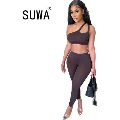 Asymmetrical One Shoulder Two Piece Set Women Tracksuit Long Sleeve Crop Top Sporty Trousers Work Out Fitness Casual Outfit