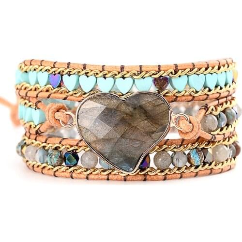 Faceted Moon Stone Heart Wrap Bracelets Leather Beaded Golden Steel Chain Handmade Jewelry