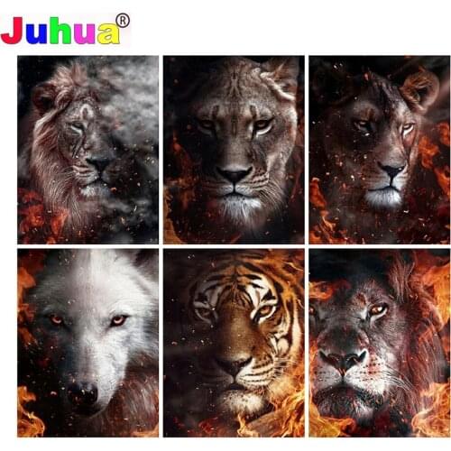 Flame Burning Tiger Lion Wolf Diamond Painting Full Square diamond embroidery cross stitch Animals wallpaper Diy Handicraft Gift