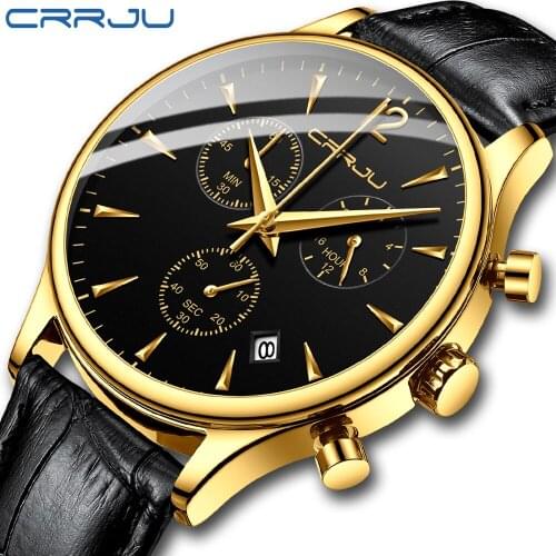 Golden Men CRRJU Watches Leather Strap Waterproof Fashion Casual Watch for Man Quartz Auto Date Mens Watch Relogios Masculino