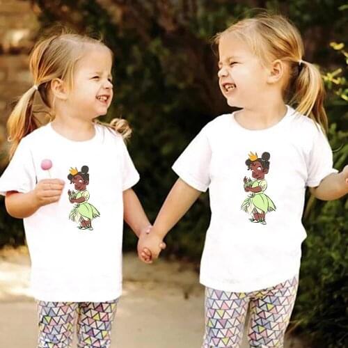 Tiana and Frog Print Children T-Shirt Summer Disney Princess Casual Tshirt Casual Harajuku Kids Girl Top Tee Clothes Dropship