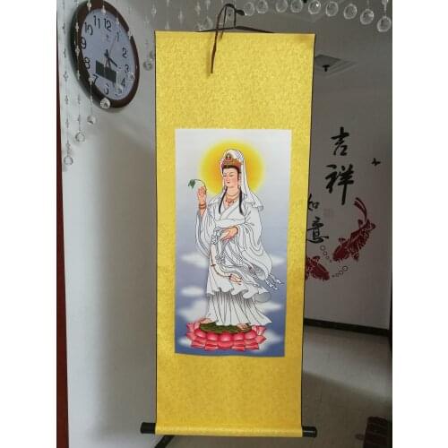 Home Efficacious Spiritual protection Bless family safe Health Lotus Guanyin Buddha FENG SHUI Decorative chinese silk painting