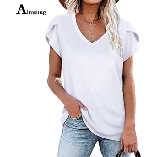 Women Elegant Leisure Casual Irregular Sleeve V-neck T-shirt Womens Top Streetwear 2021 Summer Loose Tees Clothing Femme