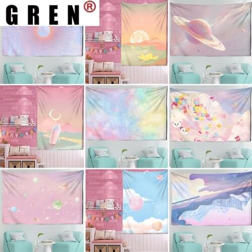 GREN Pink Moon Starry Universe Tapestry Wall Hanging Covering Rugs Background Cloth Beach Mat Blanket Art Bedroom Living Decor