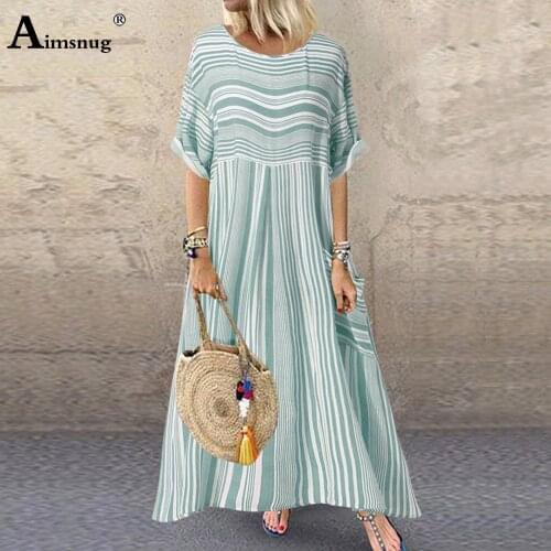 Aimsnug Summer Vintage Long Maxi Dress Women Plus size Bohemian Stripes Print Sundress A-line Party Vestido Femme Retro Dresses