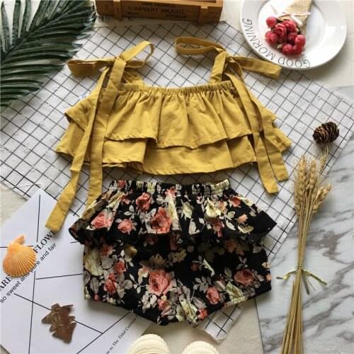 Tonytaobaby Summer Wear New Style Baby Girls Pure Cotton Yellow Camisole GIRLS Suit Fashion Sophisticated Style