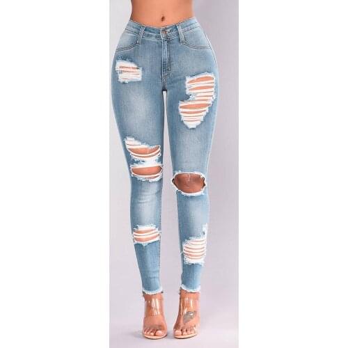 Fashion Women Jeans Denim Hole Female Stretch Slim Sexy Pencil Pants Jeans Women High Waist Stretch Skinny Denim Pencil Pants
