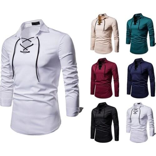 Mens Shirt Long Sleeve Turn Down Collar Solid Color Pullover Shirt with Shoelace Design Casual Slim Type Tops for Youth