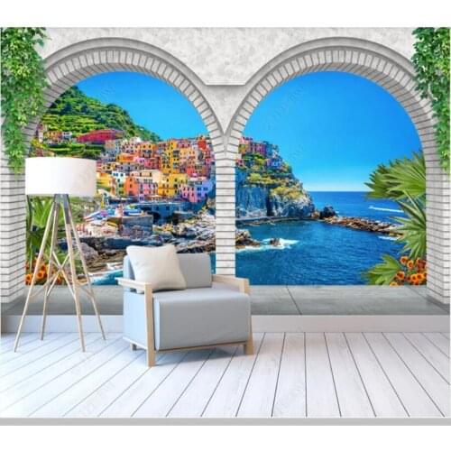 Papel de parede Roman column arches waterfall forest stream beach natural landscape 3d wallpaper,living room bedroom mural decor