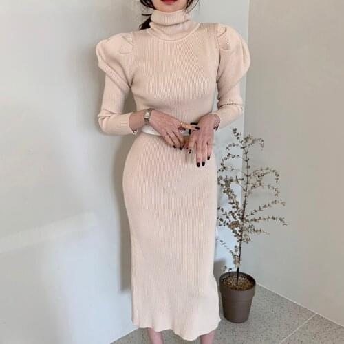 Bodycon Puff 2021 Winter Thick Jumper Dresses Casual Warm New Knitted Pollover Korean Solid Woman Sweater Dress Women Knitwear