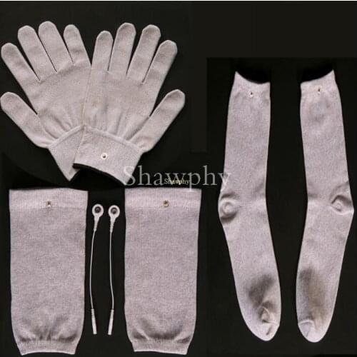 NEW Conductive Silver Fiber TENS/EMS Electrode Therapy Gloves+Socks+ knee pads + Cable Electrotherapy Unit For Phycical Therapy