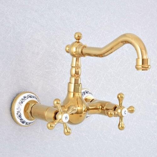 Luxury Gold Double Handle Wall Mounted Kitchen Faucets Bras Dual Hole Bathroom Cold and Hot Sink Basin Mixer Tap