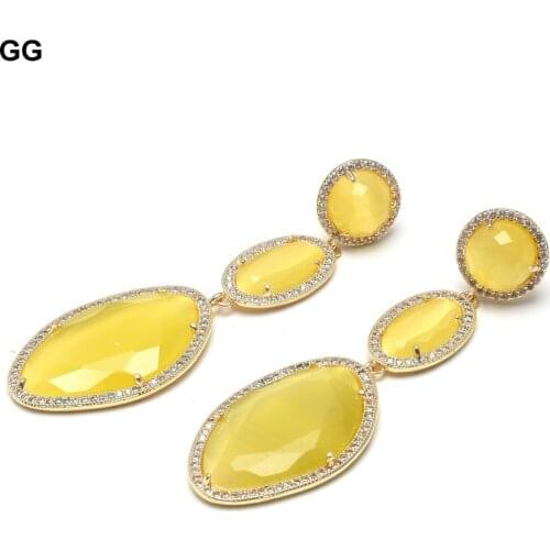 GG Jewelry Yellow Cats Eye Cz Pave Gold Color Plated CZ Stud Dangle Earrings Classic Rhinestone Geometric For Women
