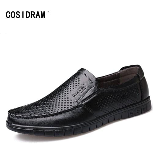 COSIDRAM Slip on Genuine Leather Men Casual Shoes Summer Breathable Loafers Comfortable Hollow out Men Driving Shoes SHB-018